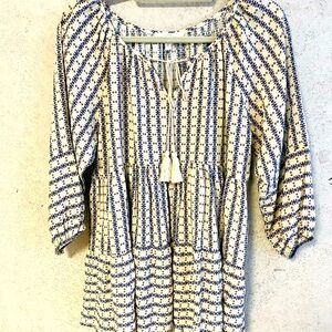 ENTRO MEDIUM WOMENS‎ BEIGE BLUE PATTERNED BOHO FLOWY LIGHT TASSELS SUMMER BLOUSE